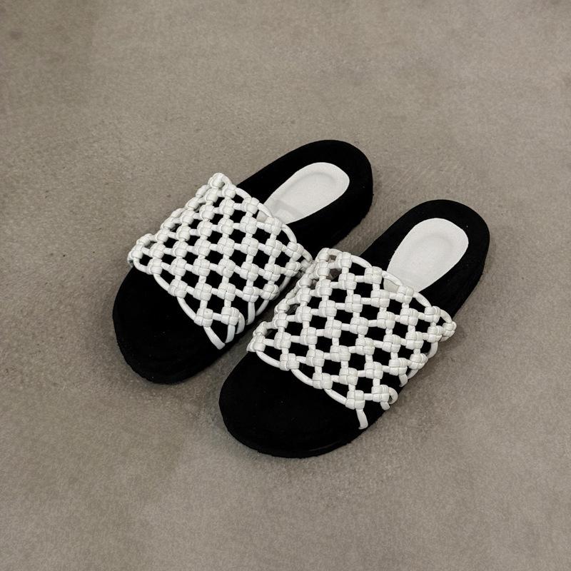 Sheepskin version~ Hand-woven fishing net hollow thick-soled beach shoes women's leather versatile casual round toe sandals