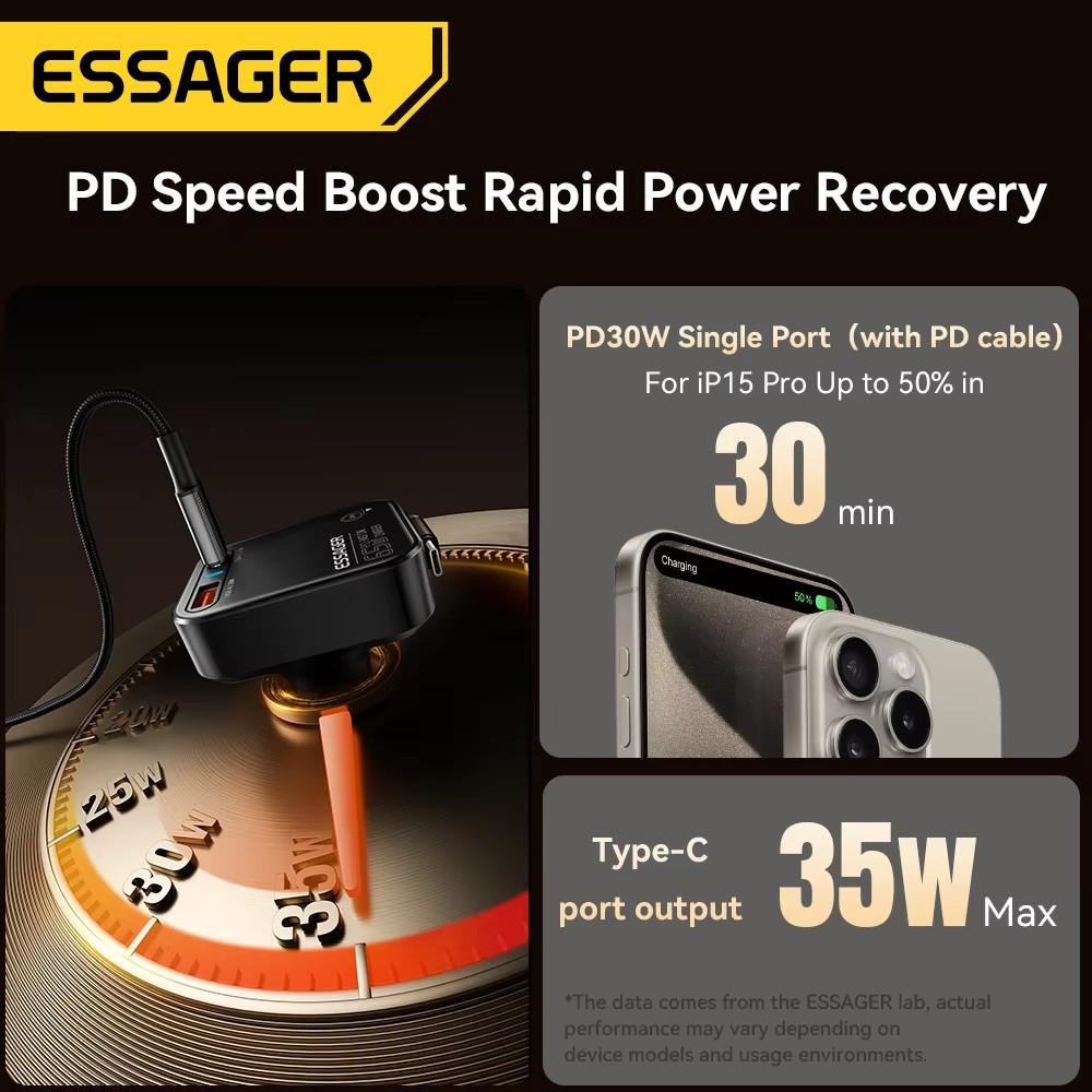 Essager 65W USB C Car Charger 3 Ports with Retractable Cable PD3.0 QC3.0 30W Fast Charging for iPhone 16 15 iPad Samsung Xiaomi