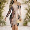 Women Plus Size Chain Strap Cold Shoulder Long Sleeve Printed Cross Hem Bodycon Dress
