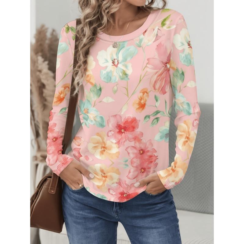 Vintage Floral 3D Print Women's Crew Neck Long Sleeve T-Shirts Comfortable Fashion Tops Tee Y2k Clothes Harajuku Female Clothing