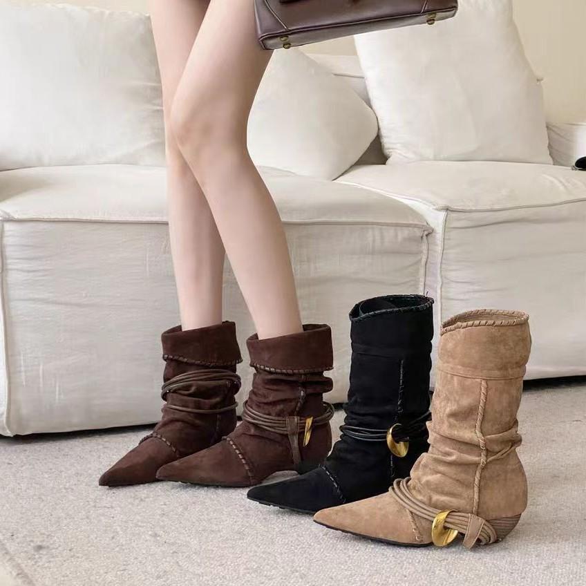Brown fashion trend retro pointed thick heel boots women's shoes 2025 new autumn versatile height-increasing and thin short boots