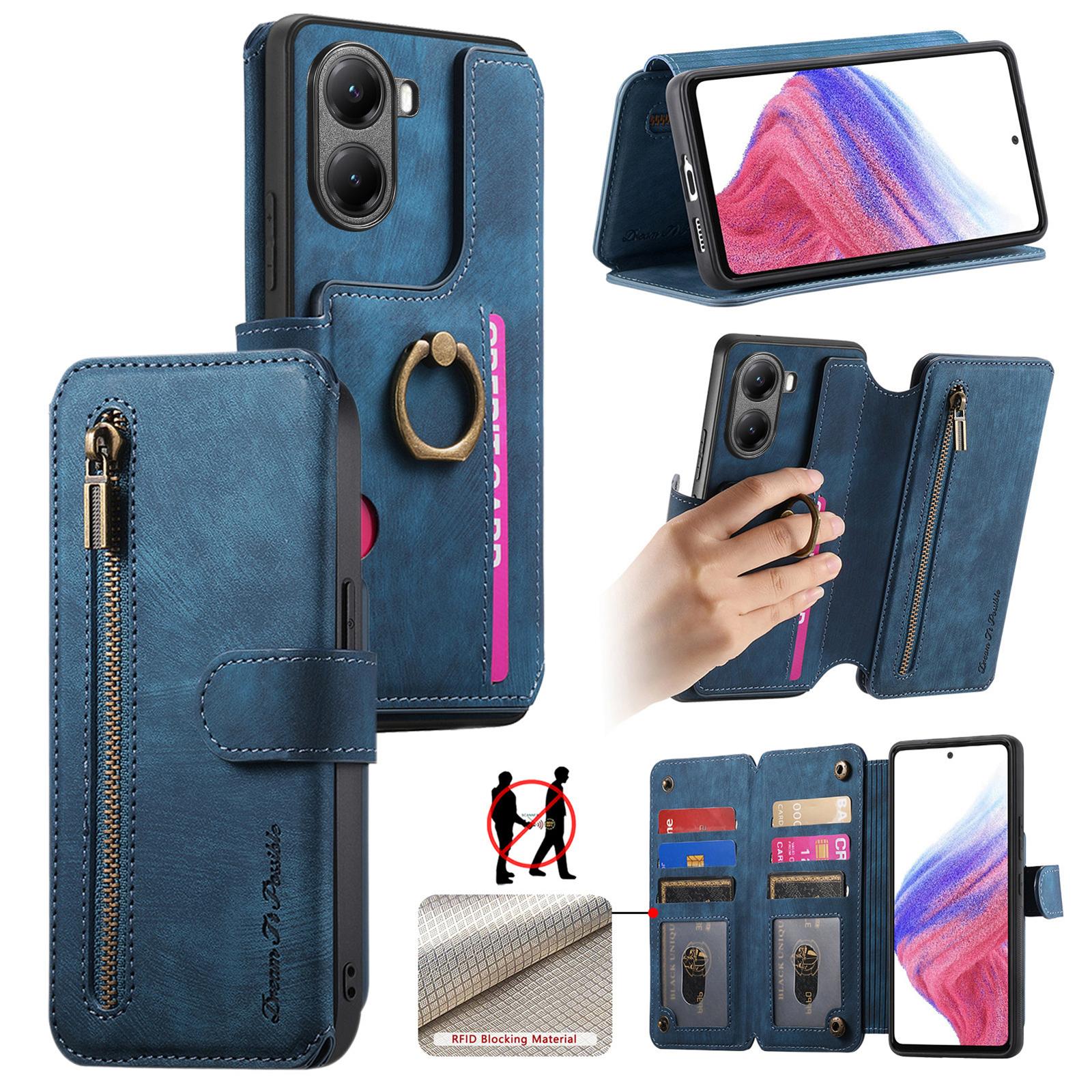 

For Xiaomi Poco X7 Pro 5G/Xiaomi Redmi Turbo 4 5G Leather Phone Back Cover with RFID Blocking Zipper Wallet Kickstand Blue