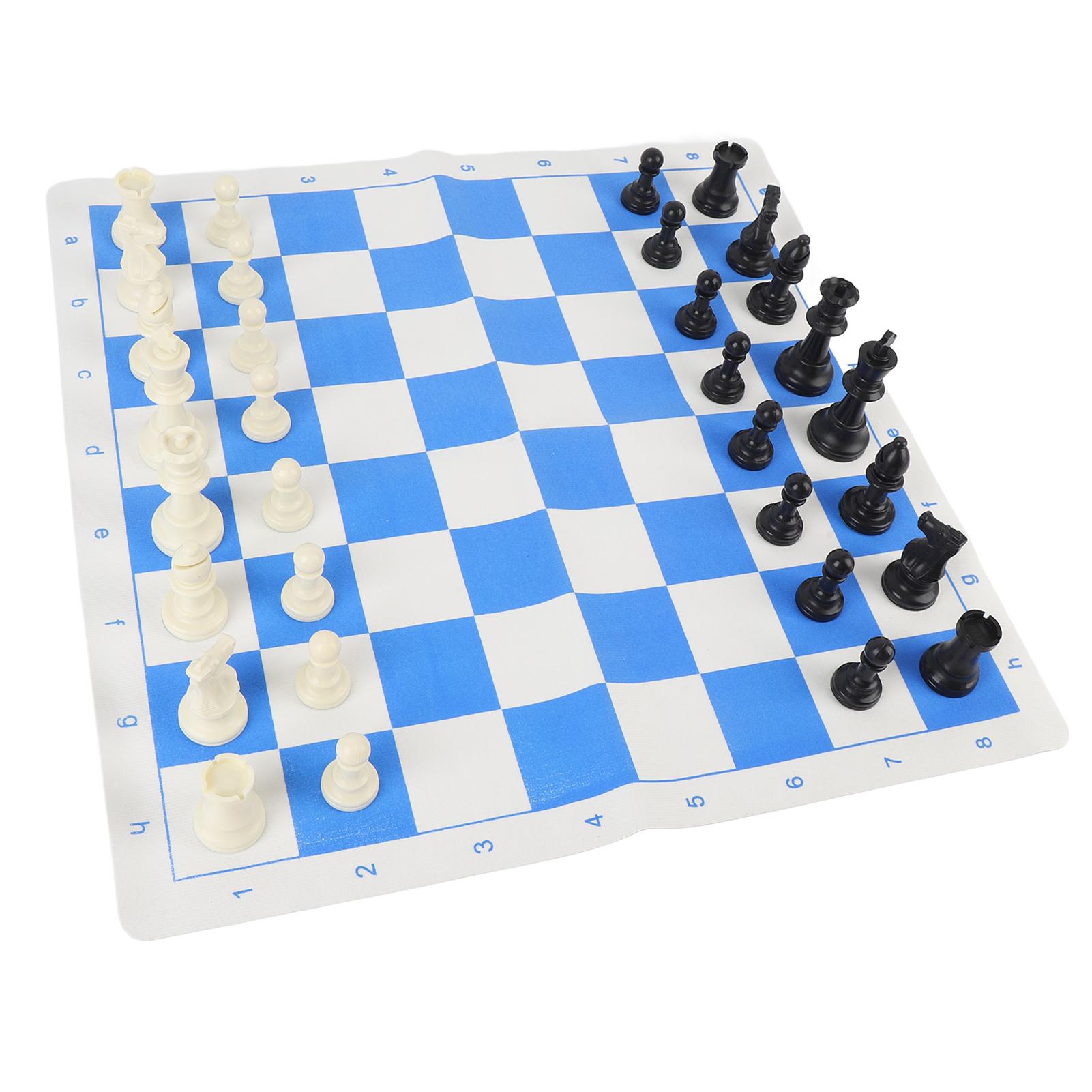 

Международный шахматный набор Король 95 мм Пластиковые шахматные фигуры 50 см ПУ кожа Сине-белая клетчатая доска с