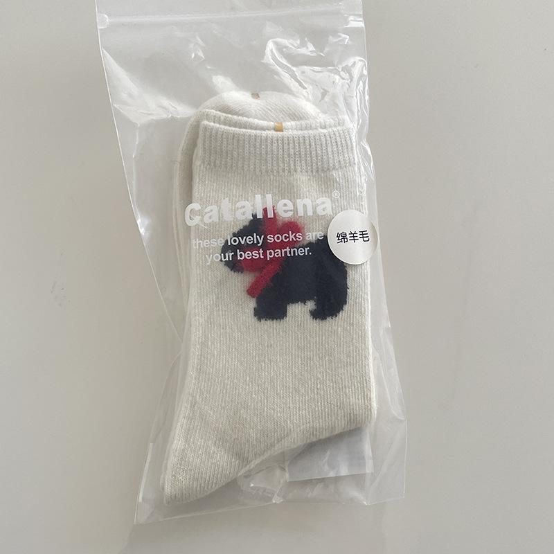 SP&CITY Korean Cartoon Embroidery Wool Socks Women's White Bow Stripe Plush Middle Tube Socks Winter Breathable Thickned Socks