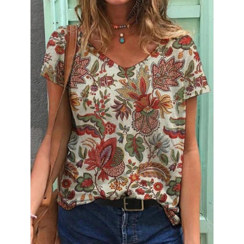 Ladies' Casual Summer Pullover V-neck T-shirt with Floral 3D Printing Short Sleeved Loose Women's Top T-Shirts Women’s