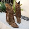 Fashion Women Western Cowboy Leopard Knee High Boots Pointed Toe Chunky High Heels Tassel Long Boots Woman Autumn Fringed Botas Shoes
