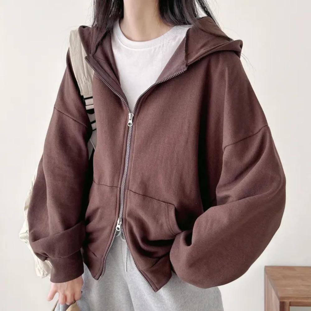 Women's Hooded Long Sleeve Zip Up Cardigan Oversized Fit Casual Top Solid Color Cropped Hoodie Jacket