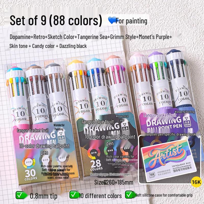 10-Color Stackable Ballpoint Pen Set – Press-Type, Multi-Functional Pens for Drawing & Journaling for Elementary Students