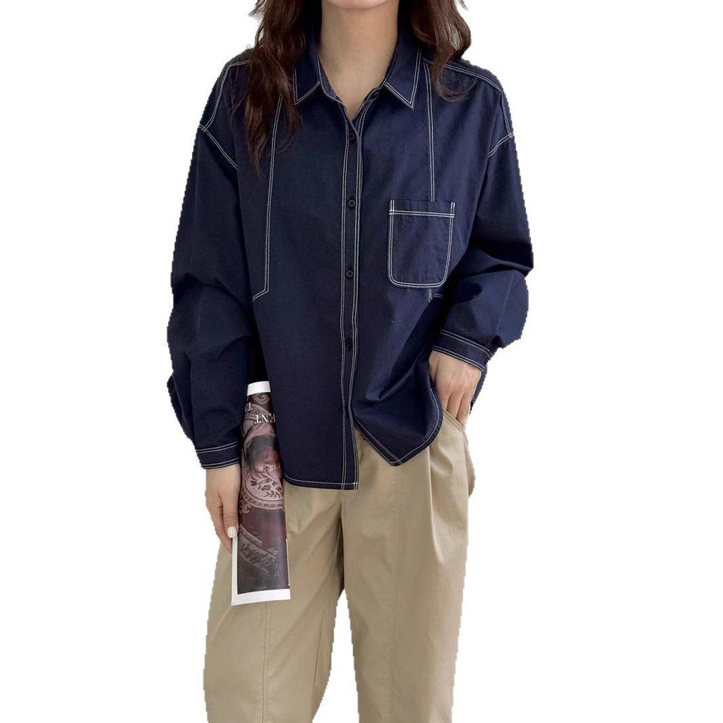 Frühling 2025 Einfarbig Sichtnaht Lässig Retro Revers Locker Geschnitten Petite Hemd