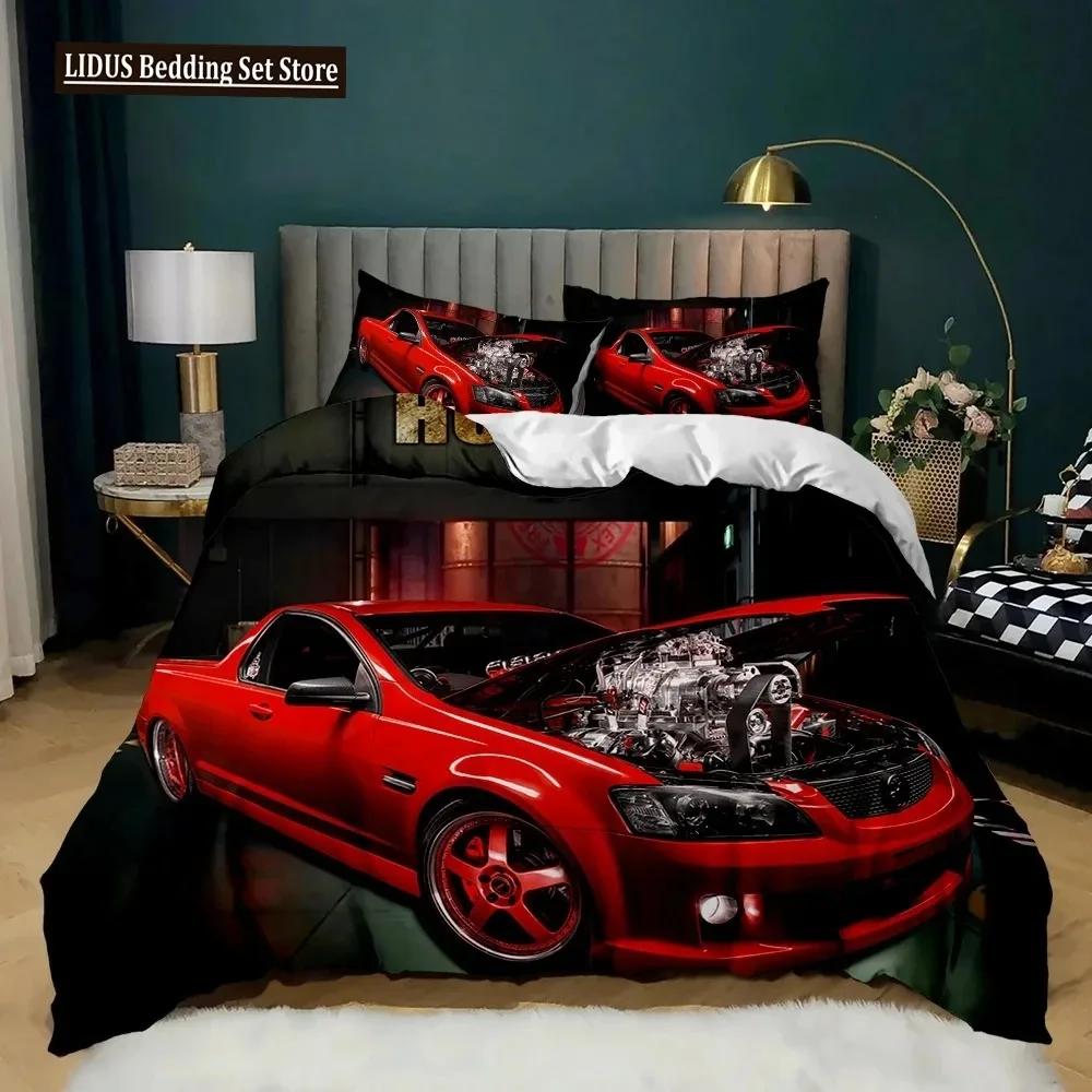 Racerbil Påslakanset King Queen Twin Storlek Röd Flamma Täcke Överdrag 3D Sportbilstema För Pojkar Flicka Polyester Sängkläder Set