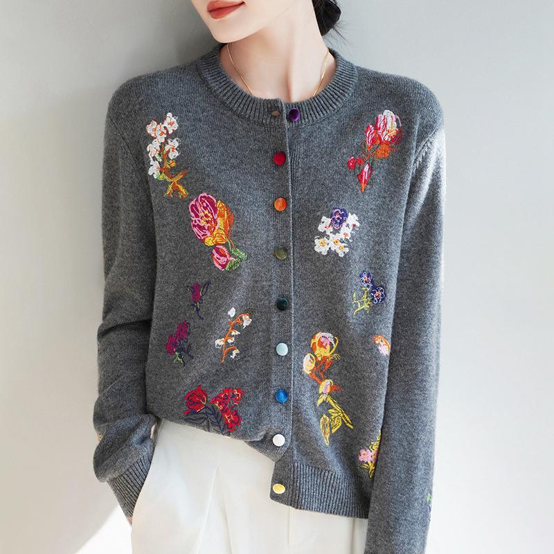 

Женский кардиган из чистой шерсти с вышивкой – Круглый вырез, Свободный крой, Повседневная мода для весны и осени Extra Large серый