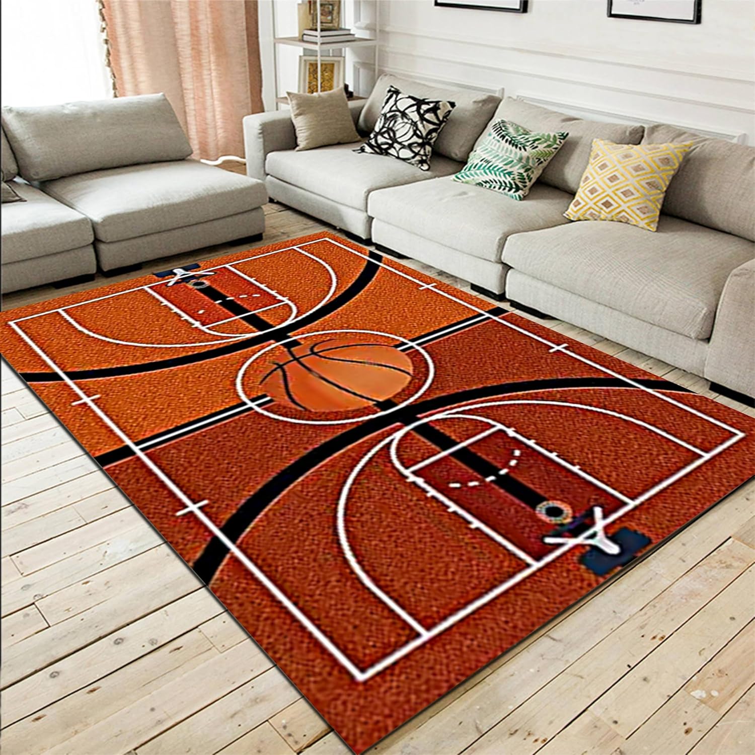 Basketball Court Anti Slip Carpet Basketball Court Carpet Home Decoration Sports Themed Floor Mat Orange Black and White Design 40X60cm