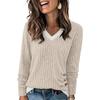 TIFICY Women's Fashion Casual Spring Autumn Solid Color Print Long Sleeve V-Neck Blouses & Shirts
