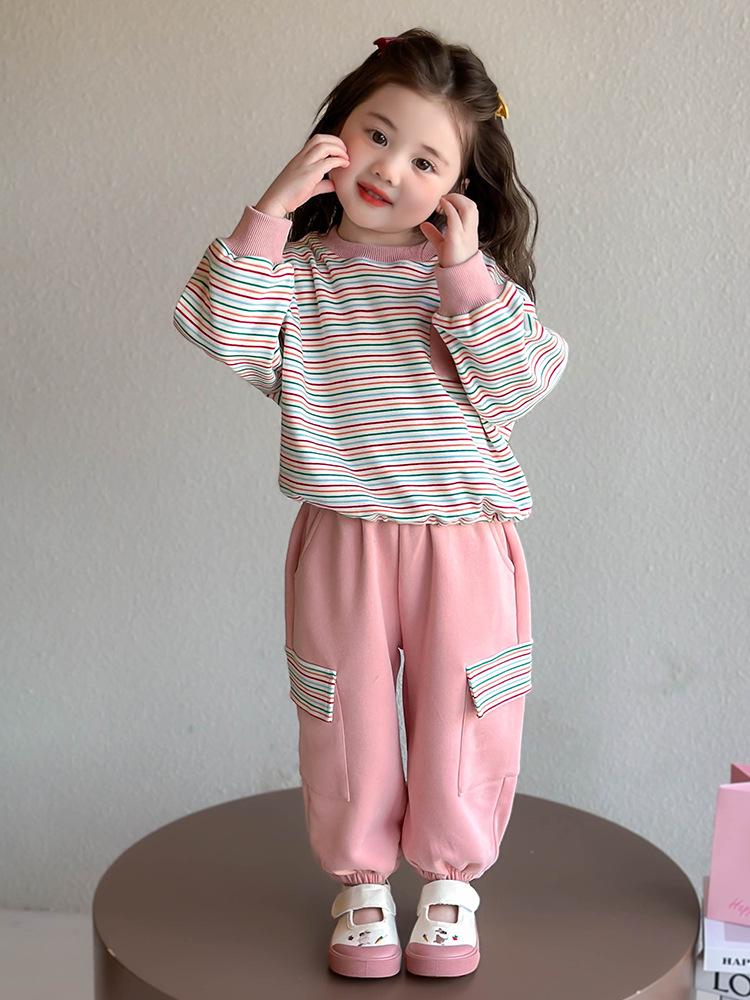 2025 Girls' Stylish Striped Long-Sleeve Sweatshirt & Pant Set - Spring/Autumn Fashion