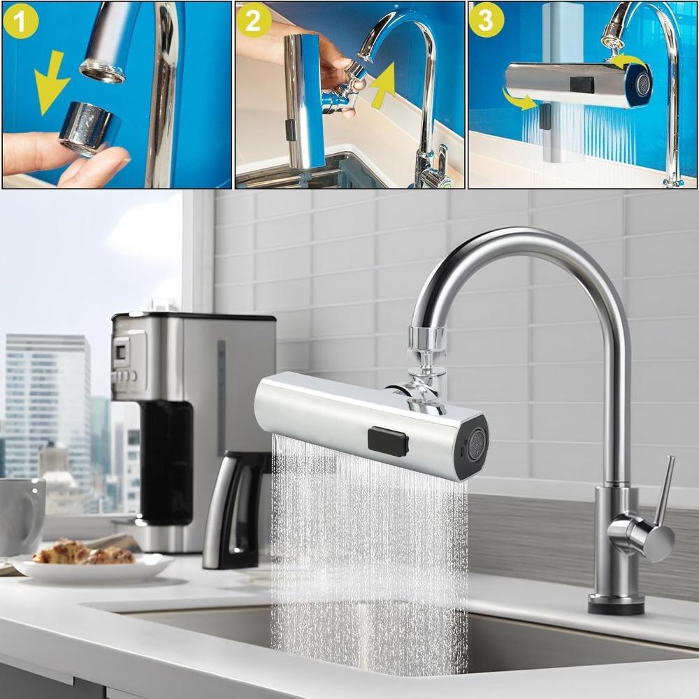 Three Mode Kitchen Faucet Multi-function Sink Artifact Waterfall Water Outlet 360° Rotation Splash-proof Faucet Bubbler Booster