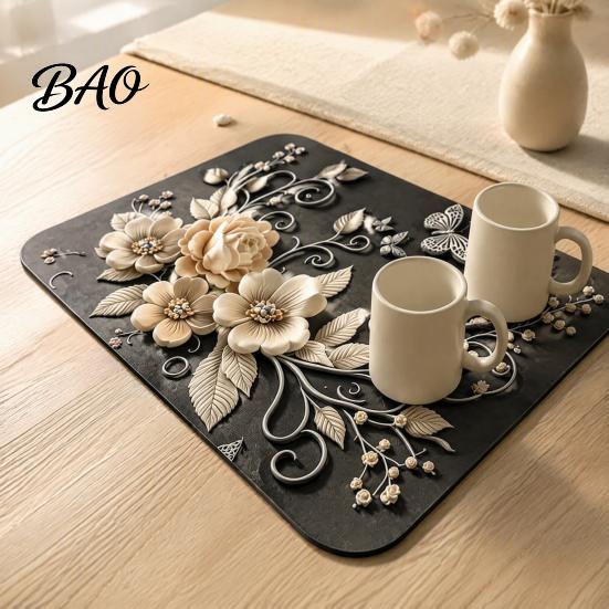 Kitchen Countertop Absorbent Pad Floral Dish Drying Mat, Diatomaceous Earth Anti Scalding Modern Table Placemats Protector, Heat Insulation