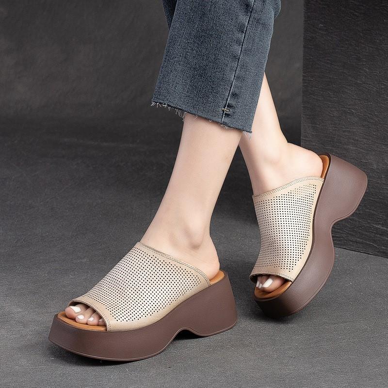 Johnature Genuine Leather Thick Soles Peep Toe Shoes Women Vintage Wedges Slides Outdoor Platform Slippers
