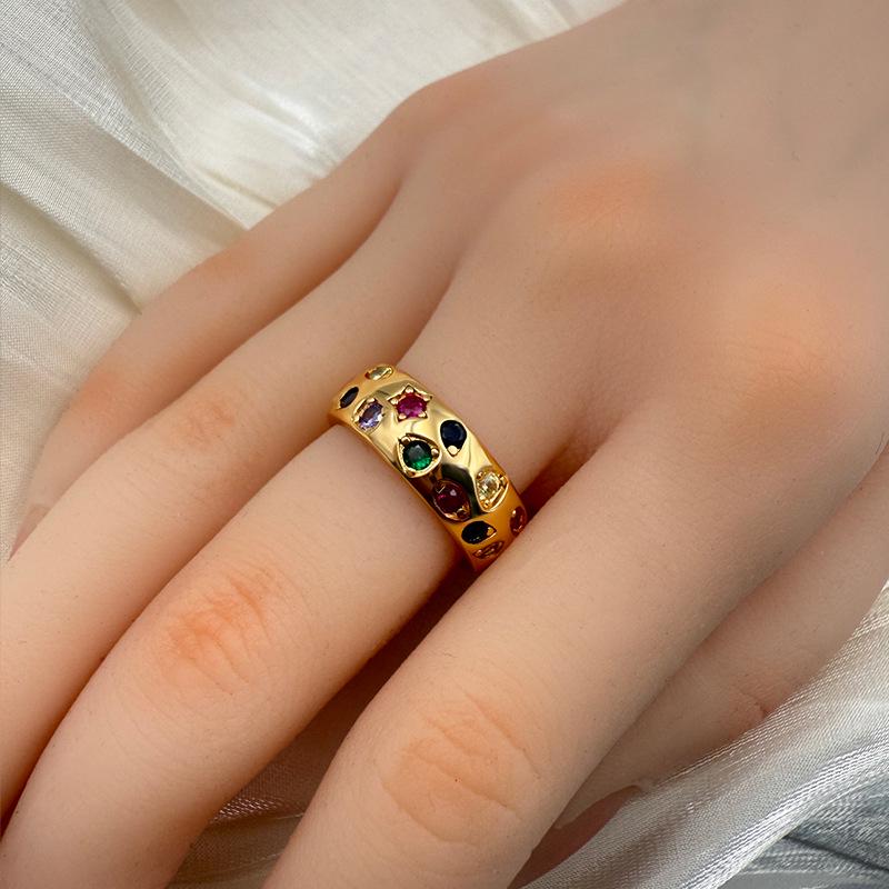 Inel la modă european și american cu zirconiu colorat încrustat – Design retro de lux ușor