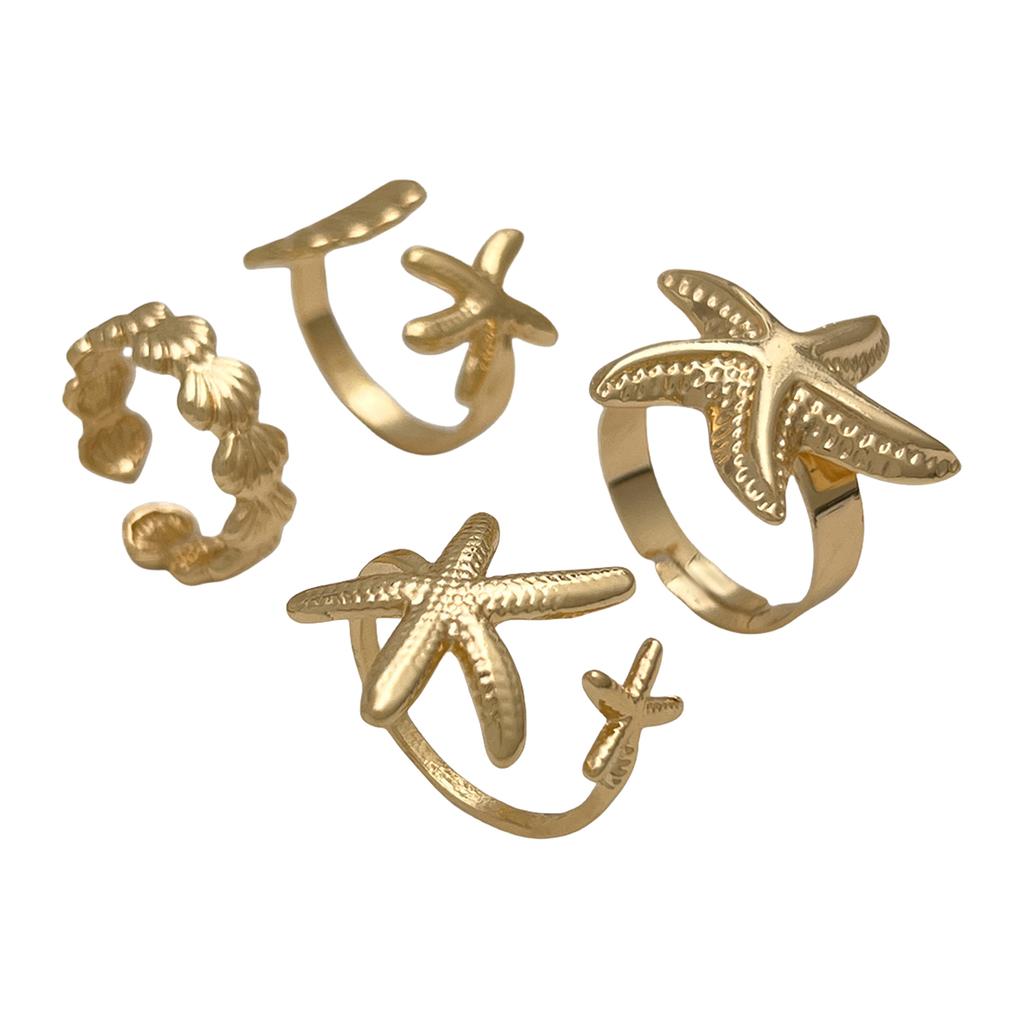 4Piece Coastal Chic Starfish Open Rings Set Adjustable Beach Jewelry for Women Gold & Silver Trendy Summer Accessories