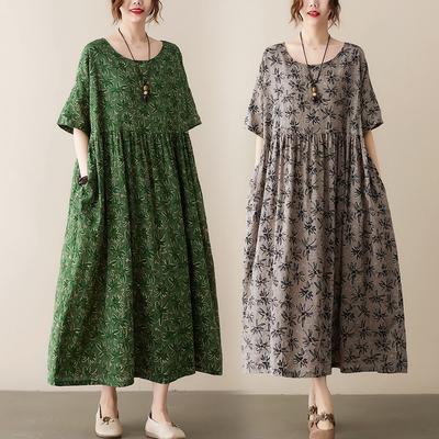 Real Shot Summer New Literary Large Size Loose Printing Round Neck Short Sleeve Dress Women's Long Dress