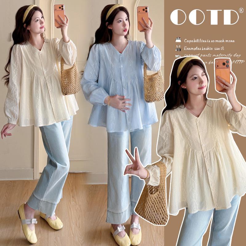 Maternity Spring French V-neck Embroidered Doll Shirt - Plus Size, Slimming, Loose Fit Top Extra Large