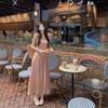 Women's Sweet Pink Ruffle Sleeve Square Neck Cinched Waist Long Dress - Summer 2026