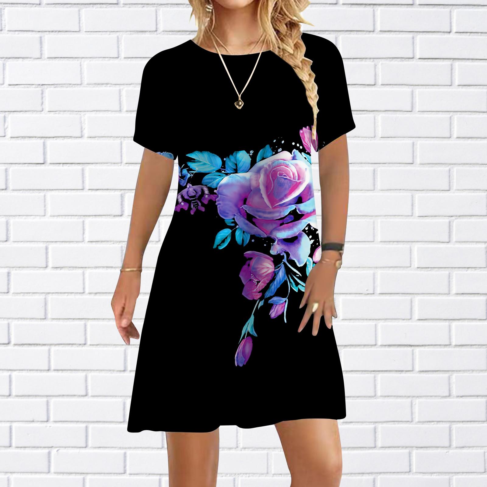 

Жіноча повсякденна сукня Літні сукні з принтом троянд на ланцюжку для жінок Сукня з круглим вирізом і короткими рукавами, великий розмір 8XL рожевий