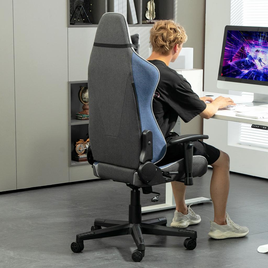 Gaming Chair Reclining To 150 Degrees with Rocking Function, In Linen-Effect Fabric, 66x53x128-138 Cm, Grey