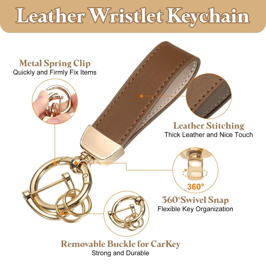 Leather Wristband Keychain Car Key Holder with Key Ring for ID Cards Brown [uxcell] 5-inch & Anti-Drop D-Ring, Unisex, & Wallets,