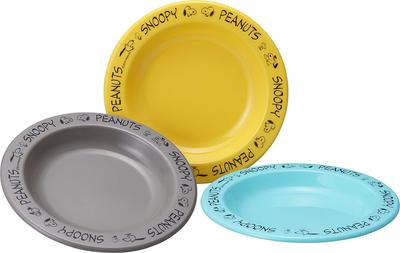Assiettes à dessert OSK Peanuts Snoopy, Set de 3, Jaune, Gris et Bleu, Fabriqué au Japon, Passe au lave-vaisselle et au micro-ondes, Résistant aux chocs, Élégant, Mignon,