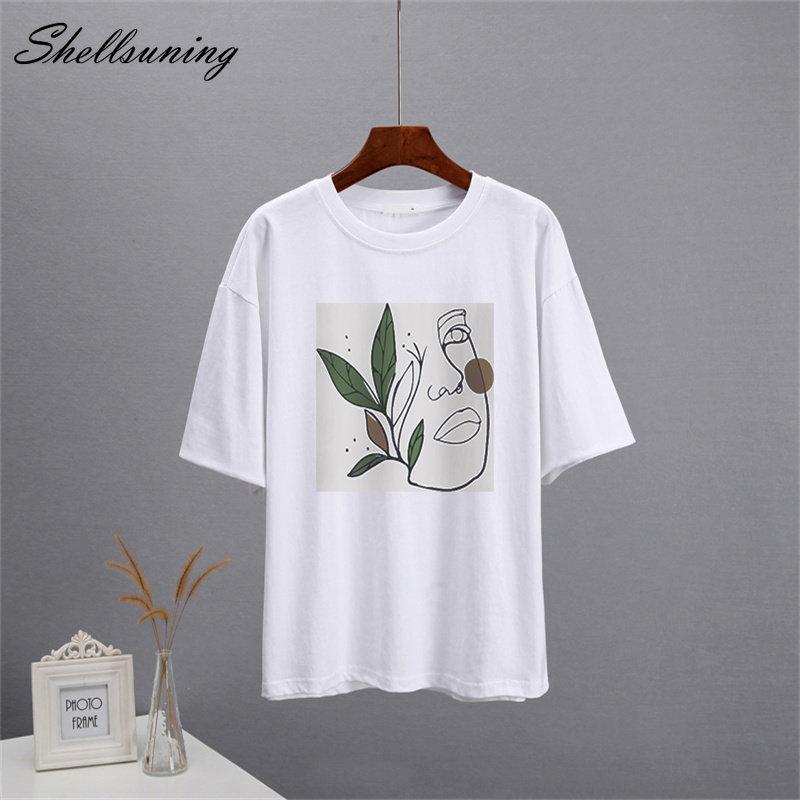 Shellsuning Abstract Character Graphic T Shirts Women Summer Soft Cotton Short Sleeve Tees Female Harajuku Chic Streetwear Tops