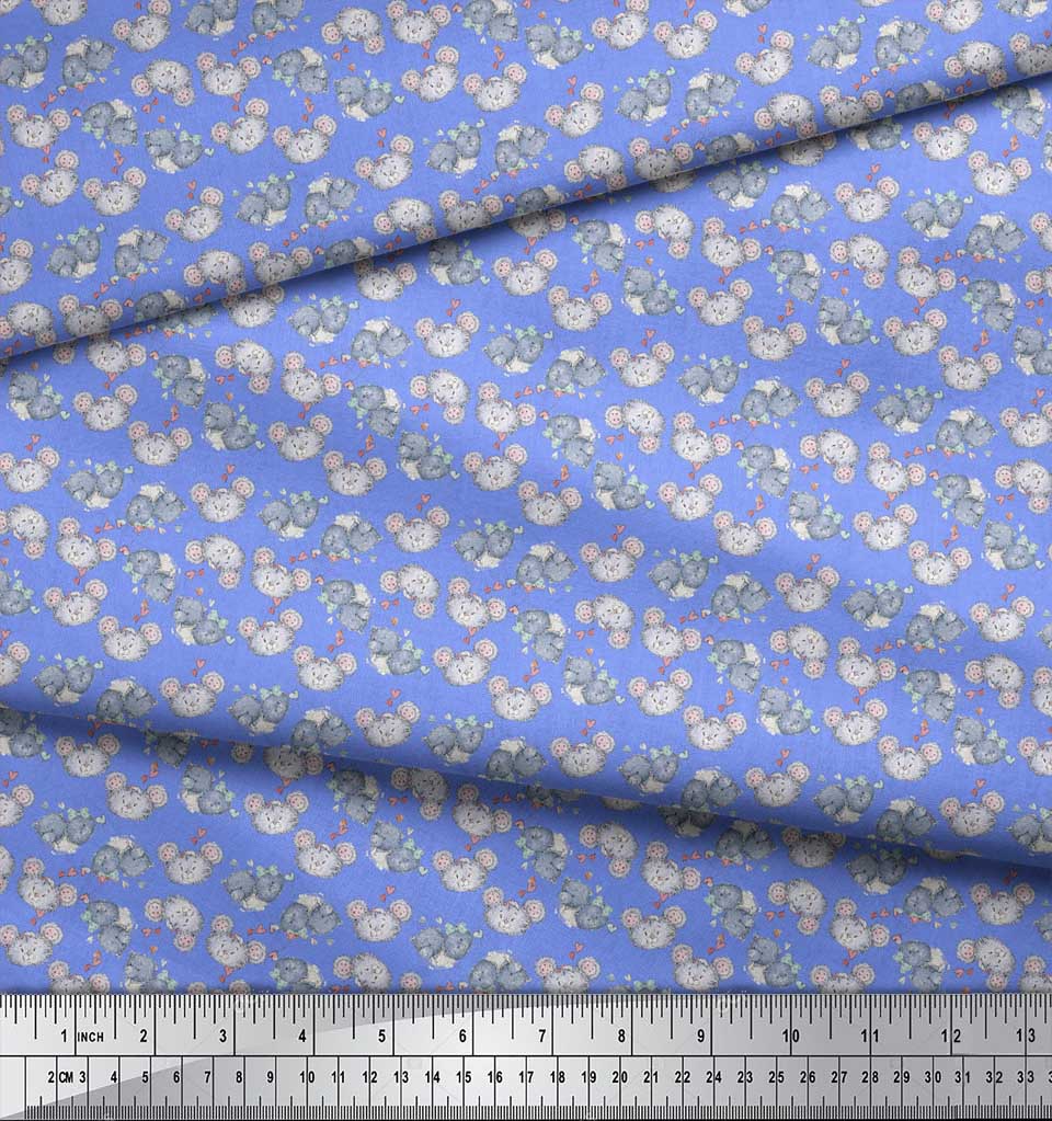 Soimoi Blue Japan Crepe Satin Fabric Heart & Teddy Bear Face Print Fabric by metre 42 Inch