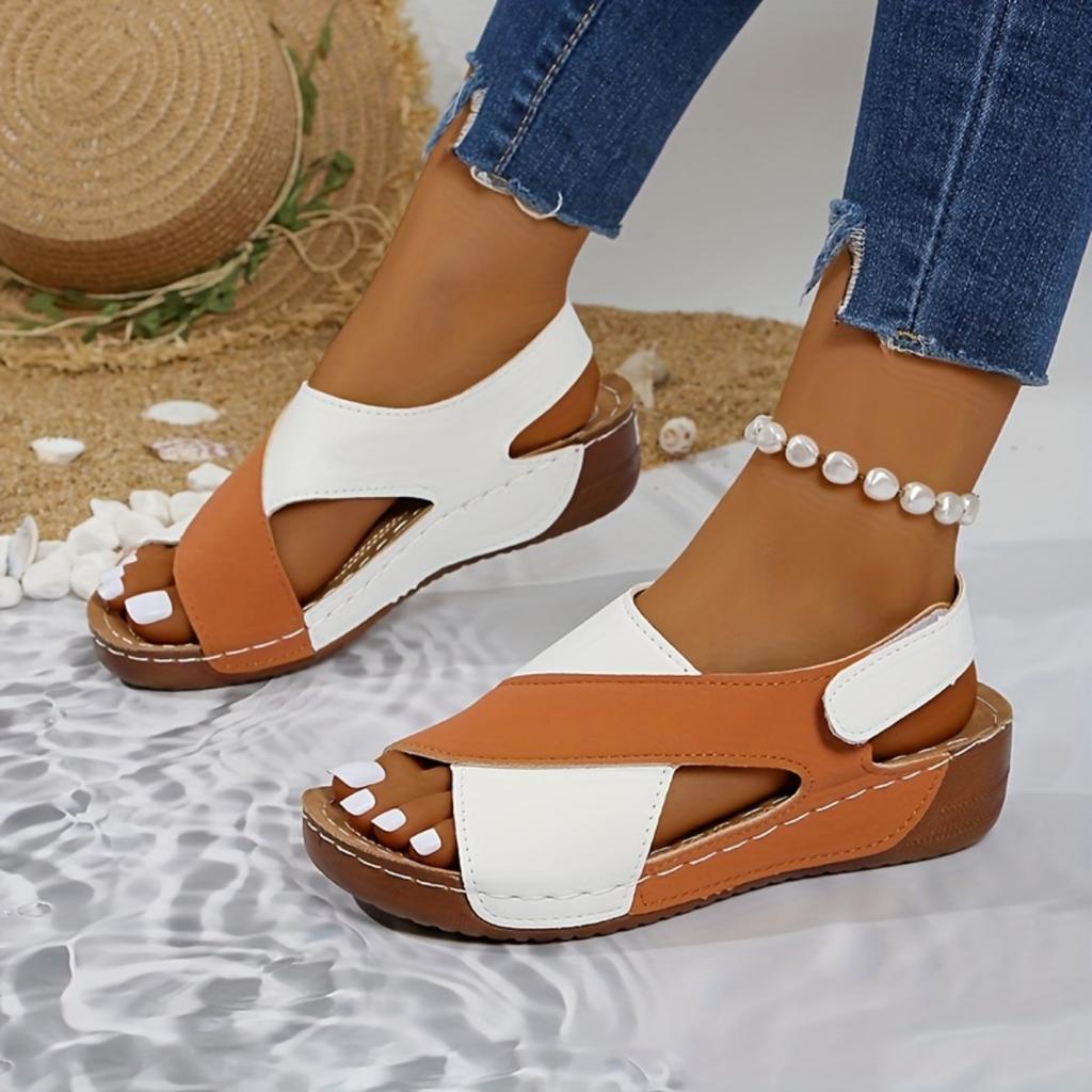 Women's Color Blocking Slope Heel High Heel Sandals, Casual Open Toe Thick Bottom Shoes, Comfortable Ankle Strap Sandals