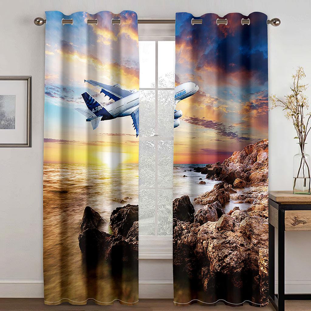 Free Shipping Cheap 3D Printed Planes In the Sky Landscape 2 Panels Shading Windowpane Drapes for Livingroom Space Bedchamber Ornament Hook