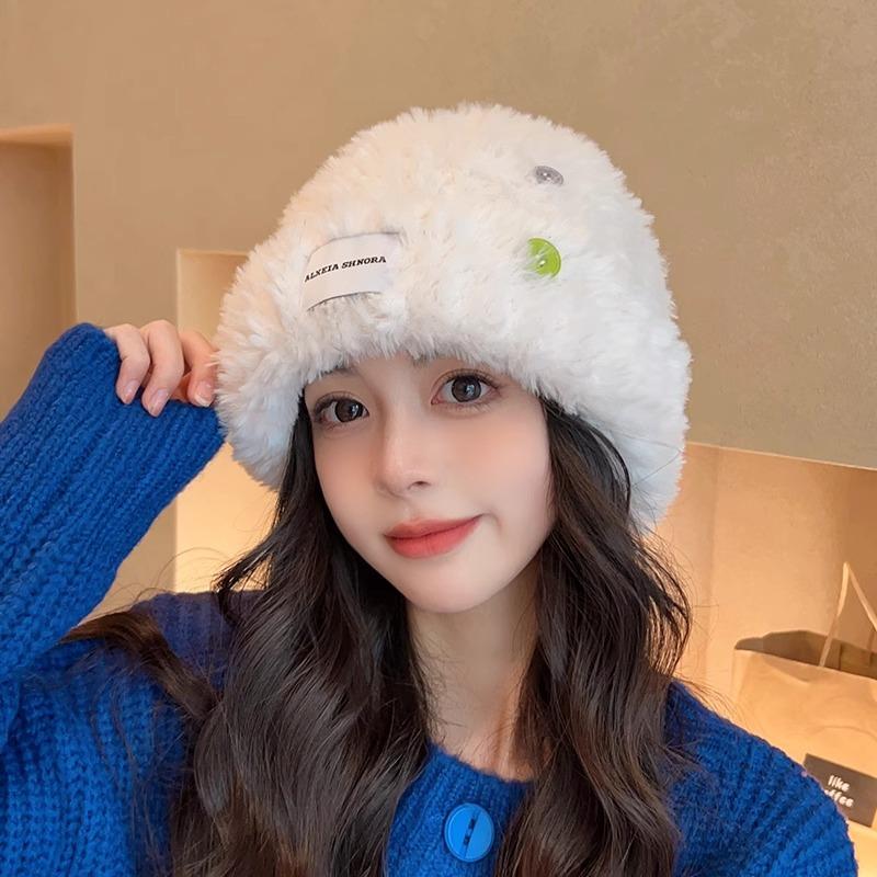 New Plush Hat for Women In Winter Korean Style Versatile Face Showing Small Thickened Warm Knitted Hat Ear Protecting Woolen Hat