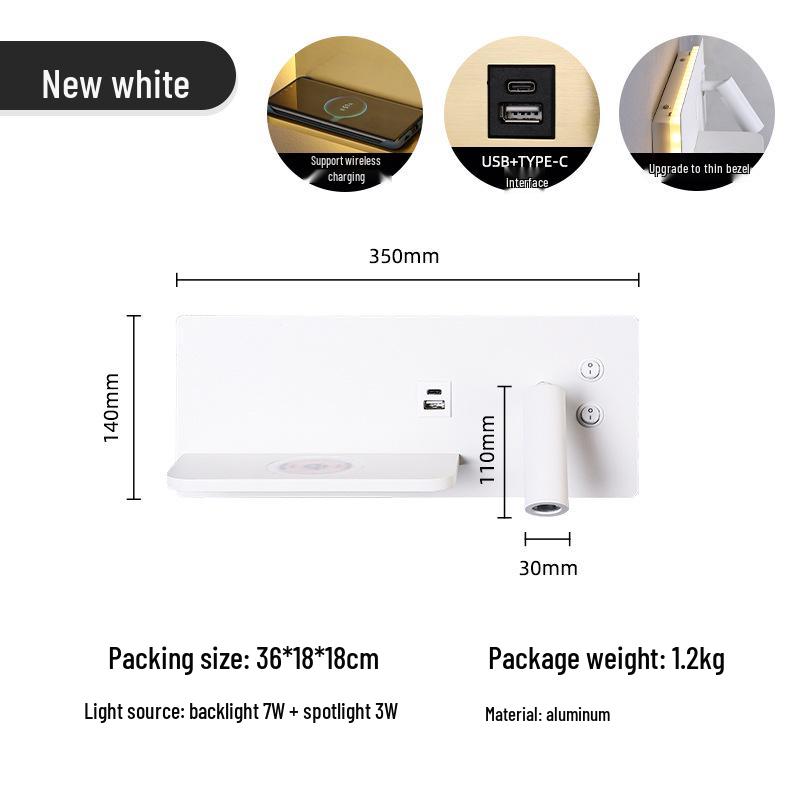 Minimalist LED Bedside Wall Light with Wireless Charger & USB Reading Light