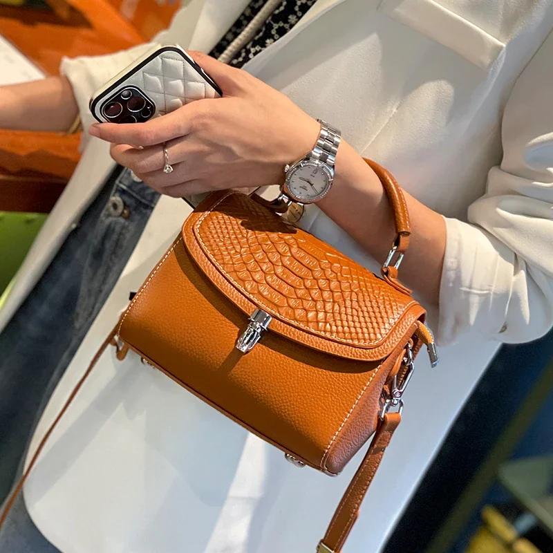 Women's Genuine Leather Crossbody Bag Lady Fashi Purse Temperament Square Shoulder Bag Female Cow Leather Versatile Handbag