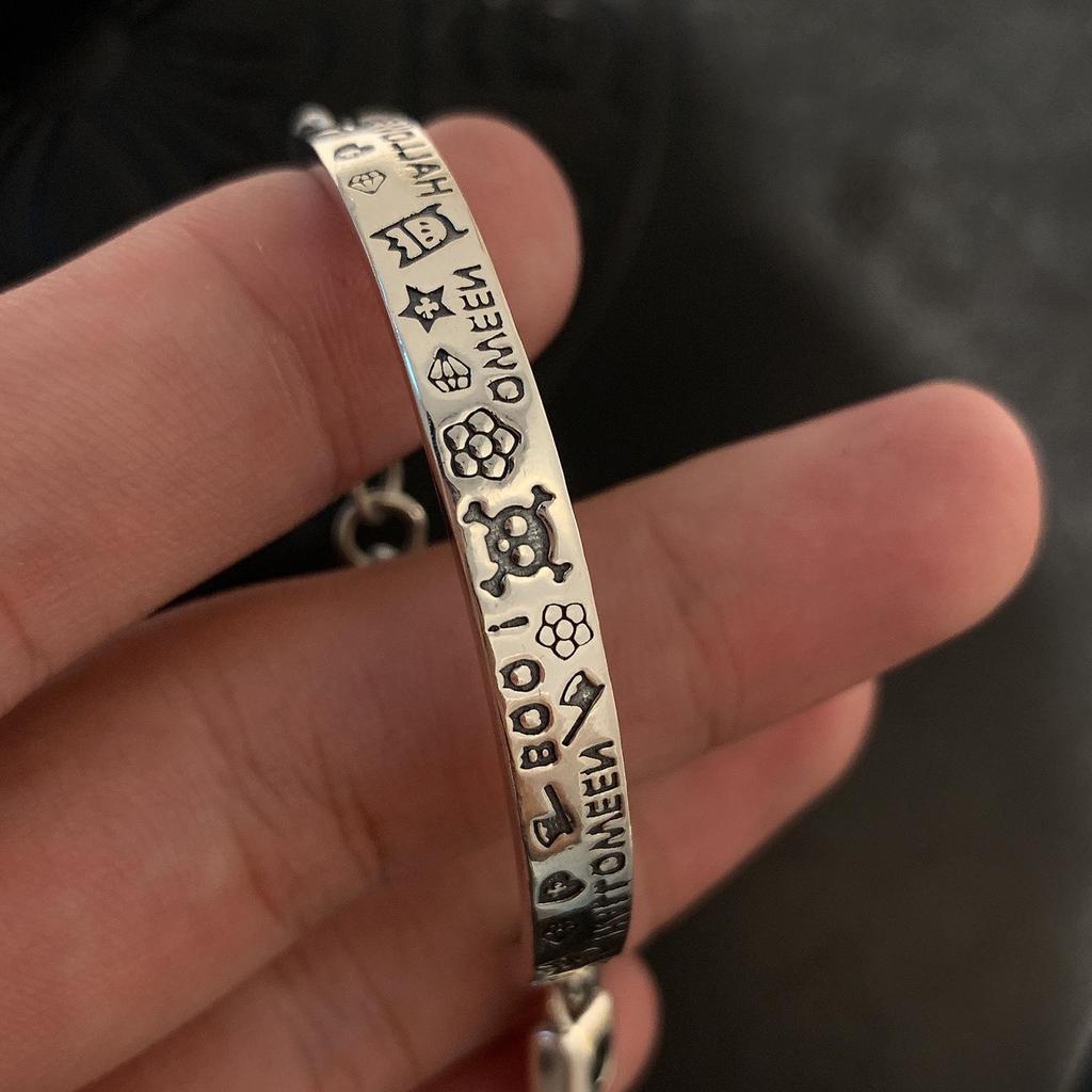 Korean Style S925 Silver Plated Retro Graffiti Patchwork Bangle - Women's Hip Hop Fashion Trend Bracelet