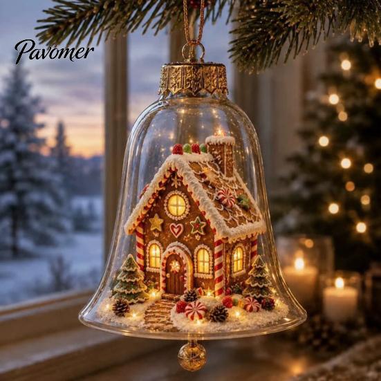 Christmas Gift for Family Friends 3D Bell Ornament, Winter Scene Clear Decoration with Santa Snowman Reindeer Decorative Spheres Angel Tree