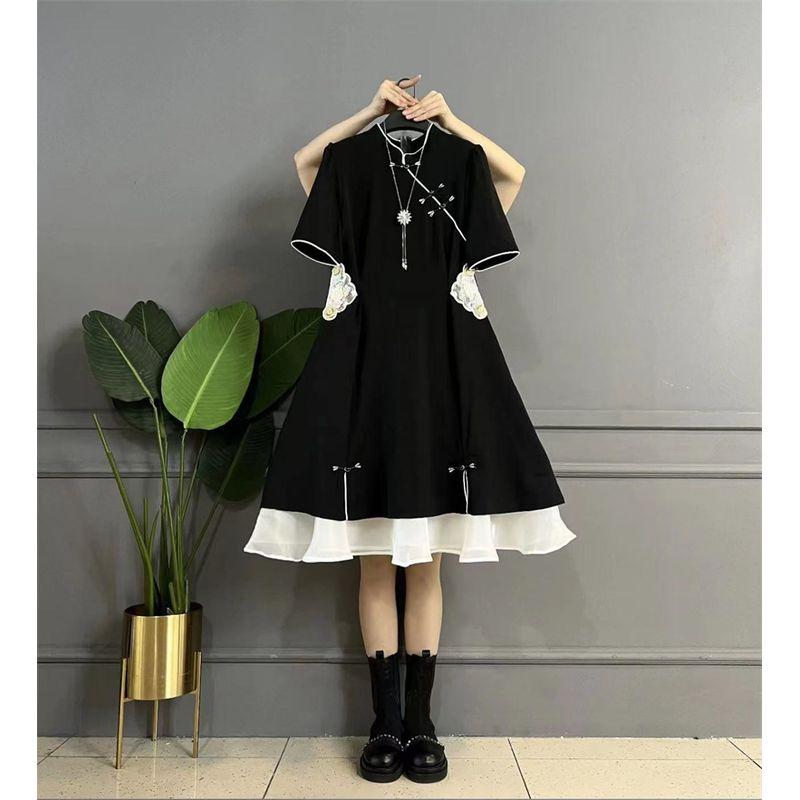 

Plus Size Ladies Improved Cheongsam Dress National Style Design Buckle Black 2XL