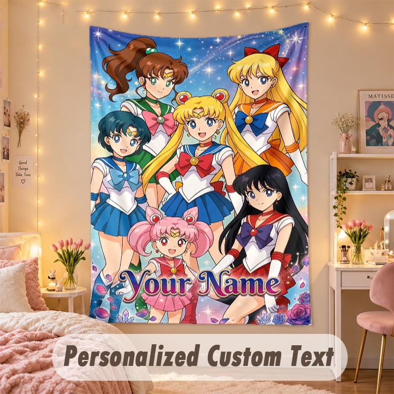 Custom Personalized Tapestry,Sailor Moon Print Custom Name Text Wall Art Hanging for Bedroom