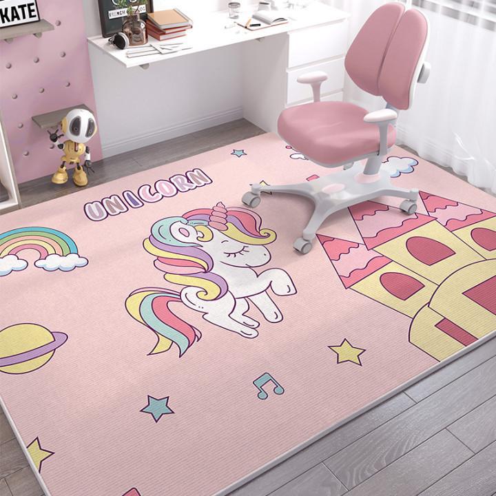 Girls Pink Carpet Mat Rug Cartoon Unicorn Animal Pattern with Happy Text Soft Floor Mat for Kids Bedroom Home Decoration Rug