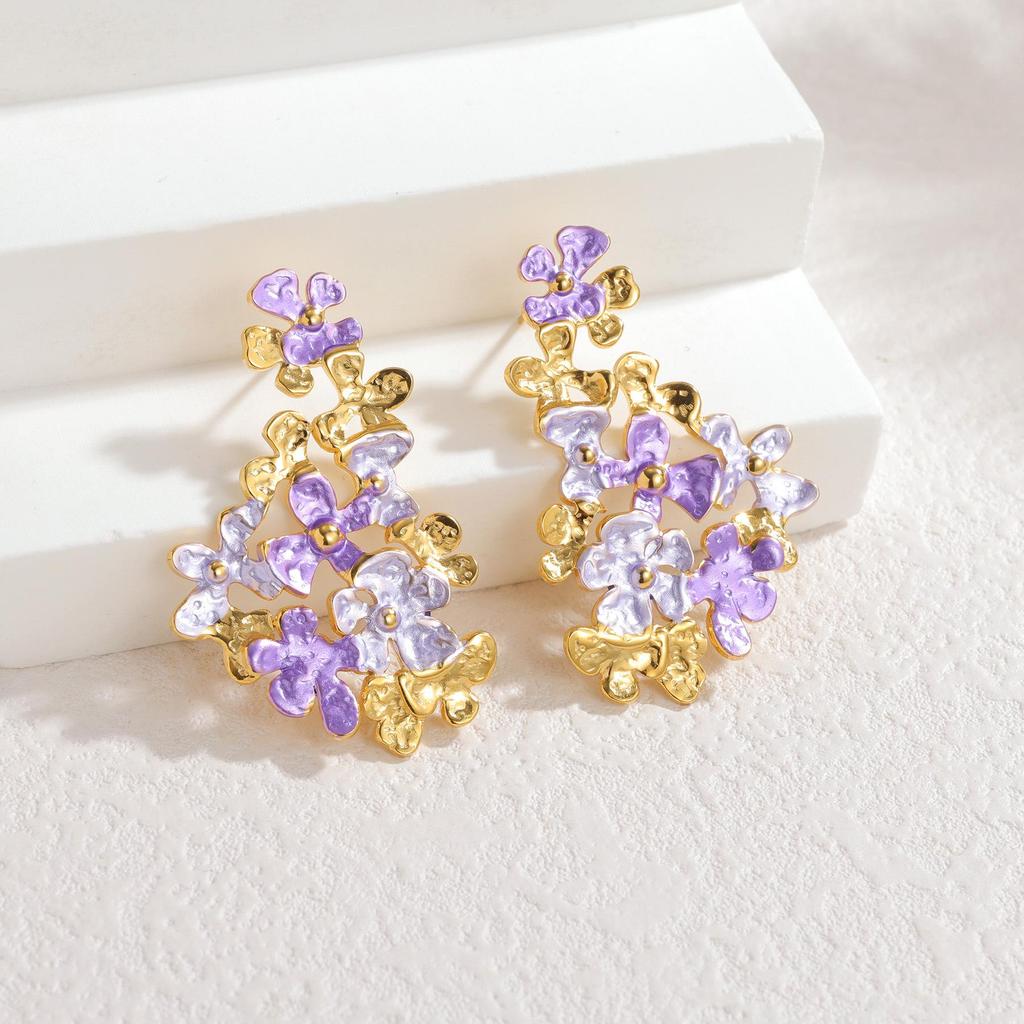 Cross-border Colorful Drip Oil Petal Stud Earrings - Eye-catching, Versatile, Stainless Steel Earrings for Women