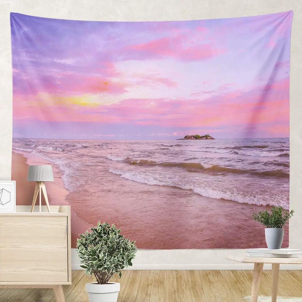 Ocean Sunset  Landscape Tapestry Purple Clouds and Gloden Sunshine Tapestry Wall Hanging Decoration for Dorm Living Room Bedroom