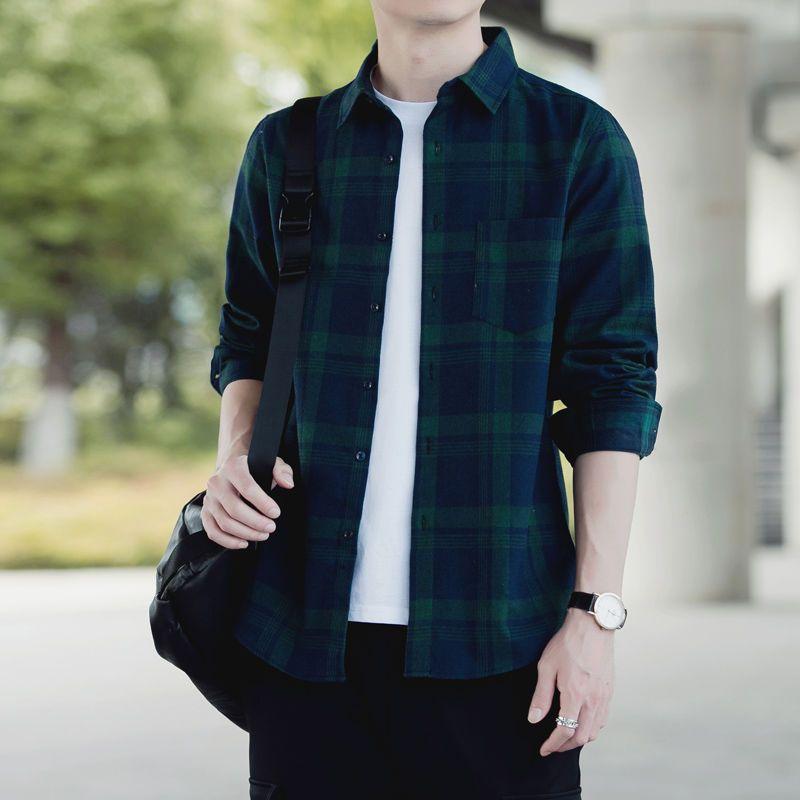 Autumn Men's Business 2024 New Patchwork Square Collar Button Pocket Plaid Fashion Loose Versatile Casual Long Sleeved Shirts