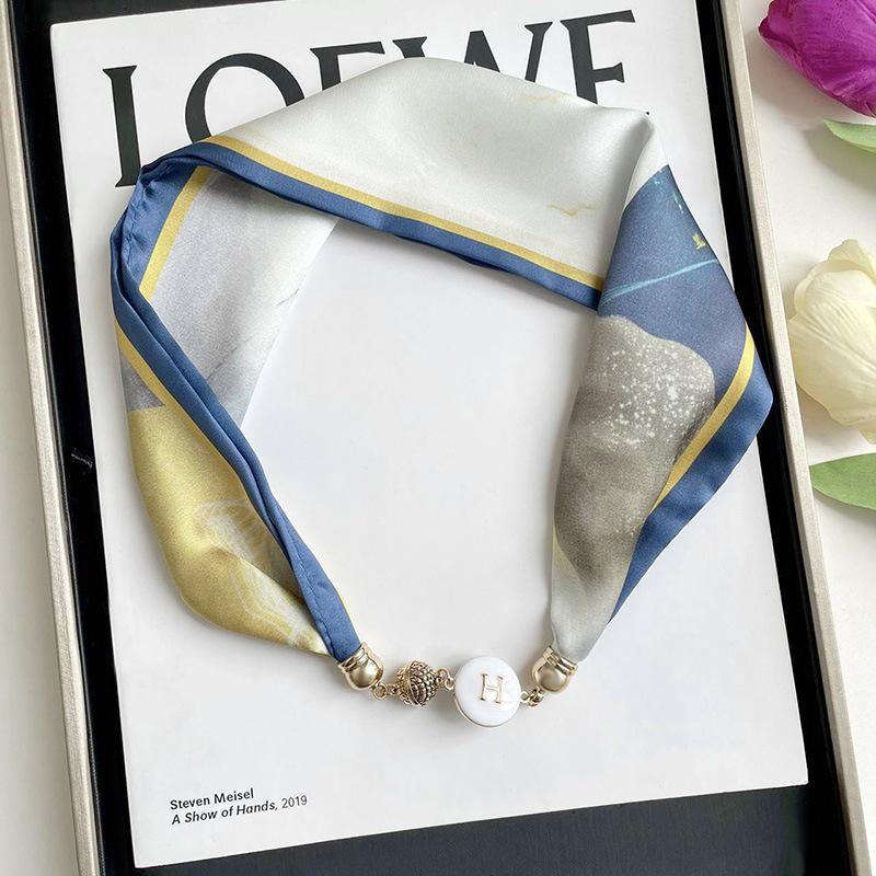 

Lazy magnetic buckle silk scarf women s spring and autumn thin neck protection magnetic buckle silk scarf long small collar versatile pearl necklace