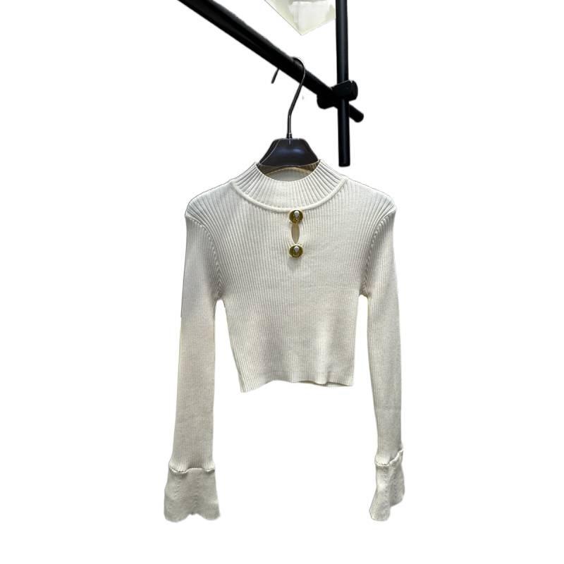 Trendy European-Style Knit Hollow Metal Detail Slim Fit Long Sleeve Top