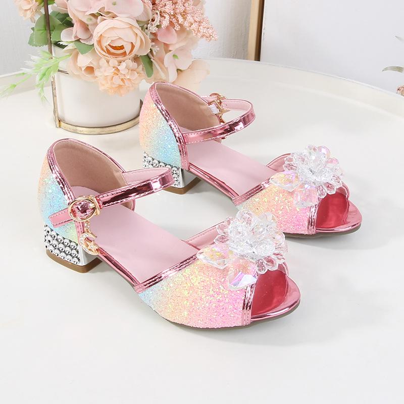 Girls' Crystal High-Heeled Sandals - Elsa Princess Style for Summer 2024