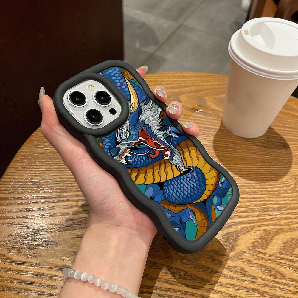 N81 Dragon design art Macaron Wavy Edge Phone Cases for iPhone 16 Pro Max Samsung S24 Plus S23 Ultra A35 A55 Xiaomi Redmi Note 13 Shockproof Cover
