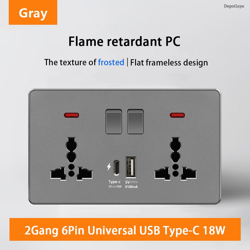 18W Type-C Plug Quick Charging Universal 5-pin Dual Power Socket,UK Standard 13A Wall Socket with DC 5V 3.1A Type-c USB Charger